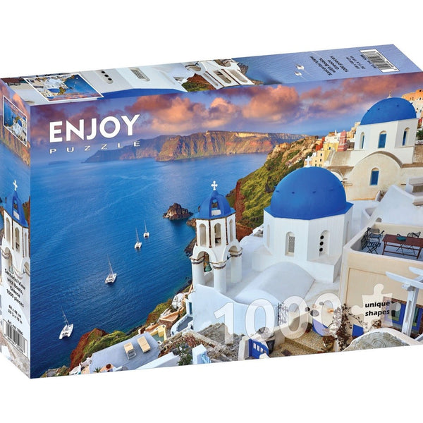 Enjoy Santorini View with Boats Greece 1000pc Jigsaw Puzzle