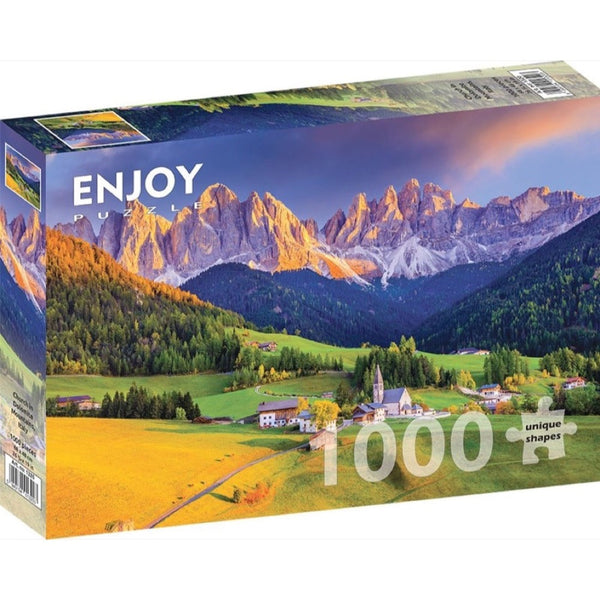 Enjoy Church in Dolomites Mountains Italy 1000pc Jigsaw Puzzle